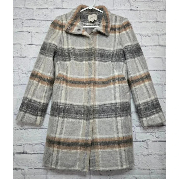 Ann Taylor Loft wool blend gray plaid funnel neck coat size XSP. - Picture 4 of 10